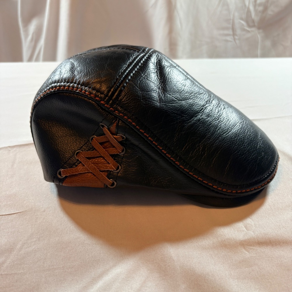 Lethmik Leather Flat Cap Mens 56 Small Black Brown Lace Up Driving Ivy Hat